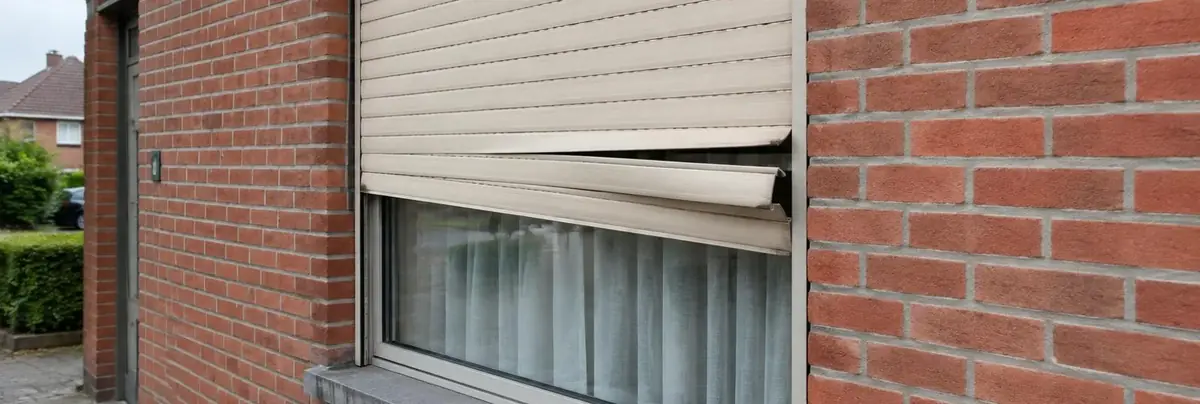 Volet roulant beige resté à moitié descendu sur une fenêtre en façade de briques