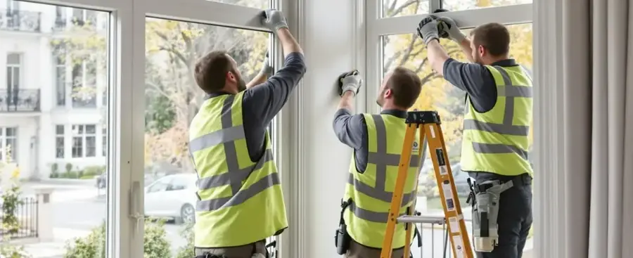 Techniciens travaillant sur les fenêtres d'une façade