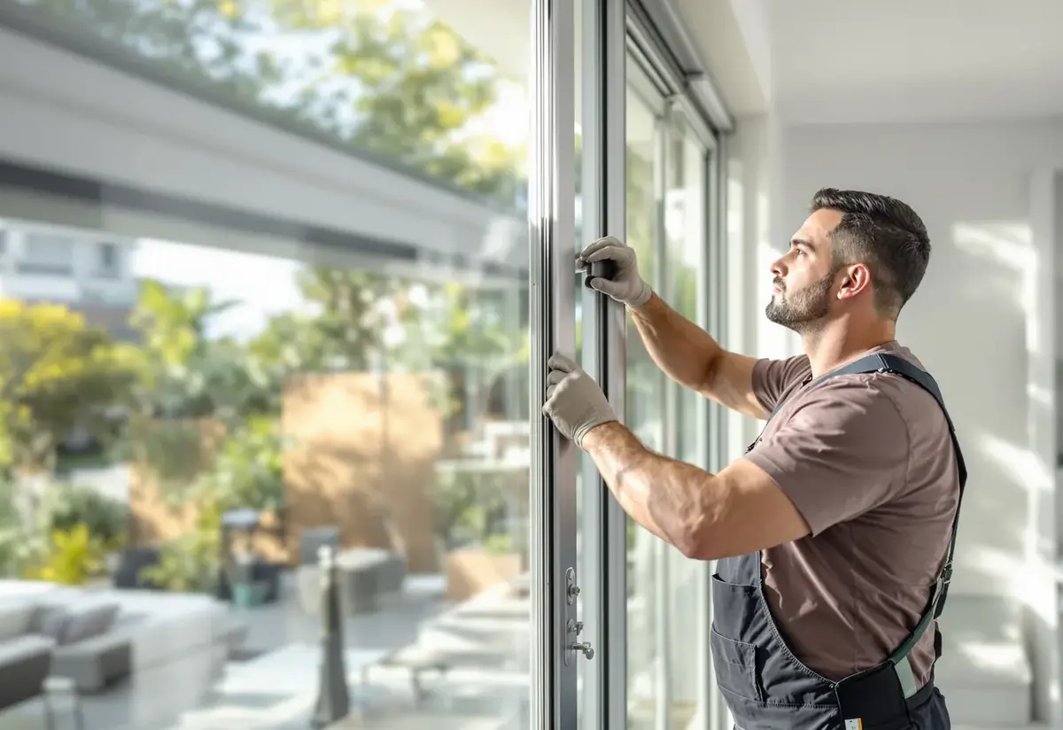 Technicien contrôlant le réglage d’une grande fenêtre coulissante, côté intérieur
