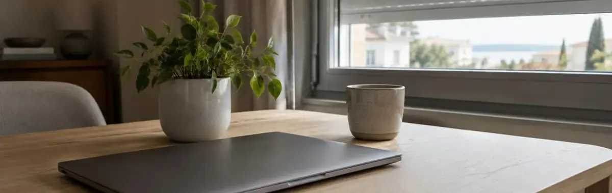 Ordinateur portable fermé sur une table près d’une fenêtre