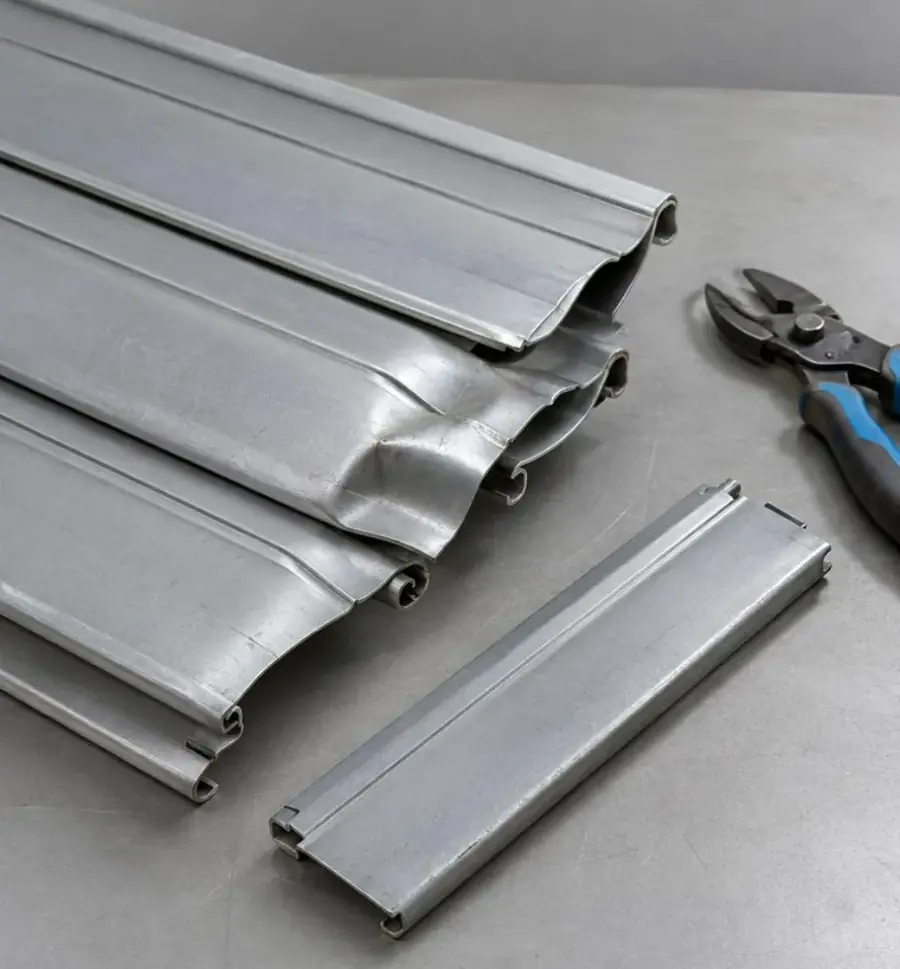 Lames de volet roulant en aluminium abîmées et pince coupante sur un plan de travail