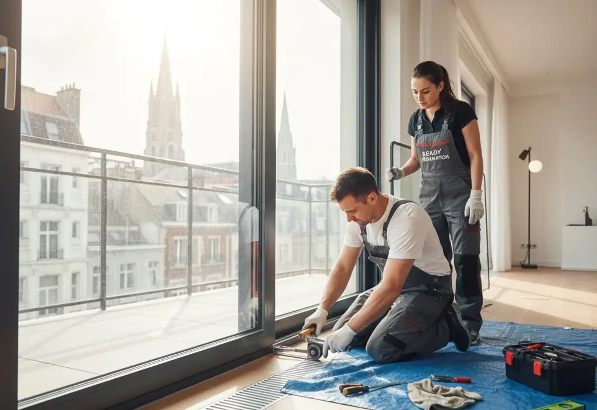 Deux techniciens au travail près d'une grande fenêtre