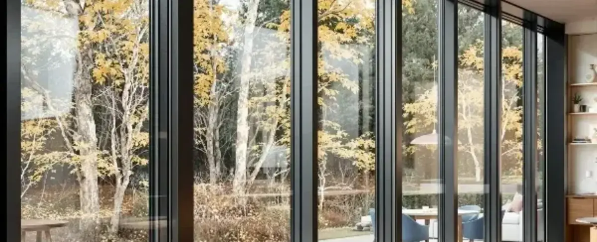 Grandes baies vitrées ouvertes sur un jardin